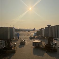 Newark Liberty International Airport - Terminal A - View from A26. I love seeing the cranes at the port!