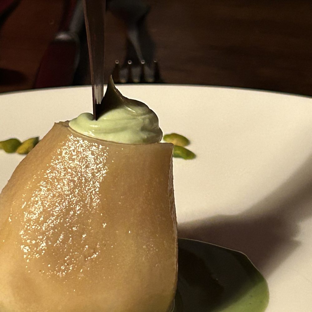 Poached Pear with Pistachio Crème Poached Pear with Pistachio Crème