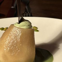 Poached Pear with Pistachio Crème