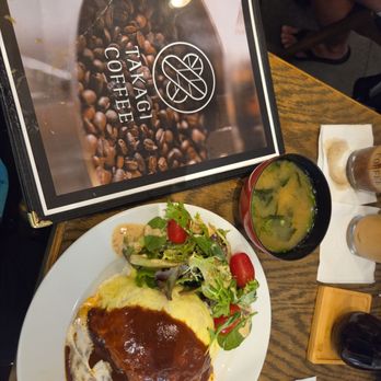 Takagi Coffee - Omurice served with green salad - Pancakes Near Me - Honolulu, Hawaii Takagi Coffee - Omurice served with green salad - Pancakes Near Me - Honolulu, Hawaii