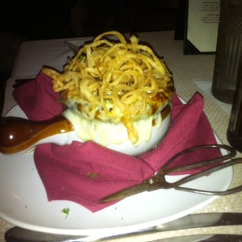 Silver Fork - French onion soup w onion rings and scissors! - New American Near Me - Manchester, Vermont