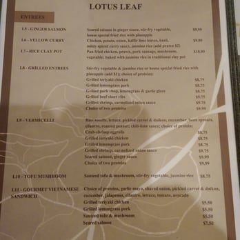Lotus Leaf - Menu backside - Vietnamese Near Me - San Leandro, California