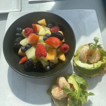 Union Rooftop - Avocado, shrimp, toast, and a bowl of fruit - New American Near Me - Minneapolis, Minnesota