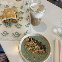 Cookie Monster bowl, cold brew w/ cold foam, egg sandwich