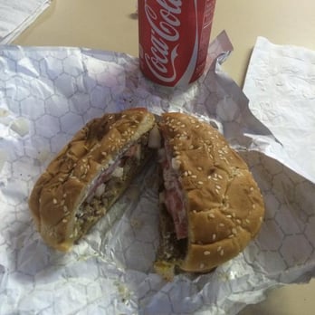 Blue Dot Barbecue - Hamburger with a coke, served with mayo, mustard, onions and tomatoes! - Burgers Near Me - Pensacola, Florida