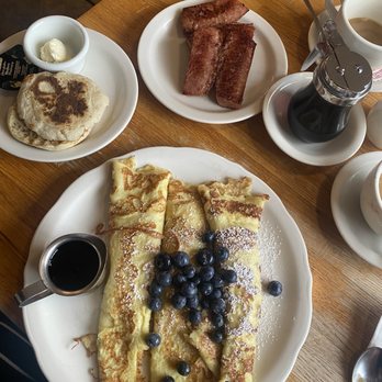 Original Pancake House - Blueberry crepes with compote on side, kielbasa and English muffin - Breakfast & Brunch Near Me - Orchard Park, New York Original Pancake House - Blueberry crepes with compote on side, kielbasa and English muffin - Breakfast & Brunch Near Me - Orchard Park, New York