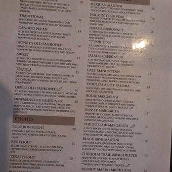 Bourbon Speaks - One page of the menu, that shows all the good drinks!!! Old fashioned and cocktails - Whiskey Bars Near Me - Salado, Texas