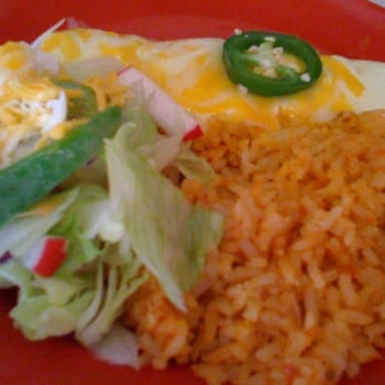 Chili Gordos Mexican Cafe - Sour Cream Enchilada with a side of rice and salad - Mexican Near Me - Richardson, Texas