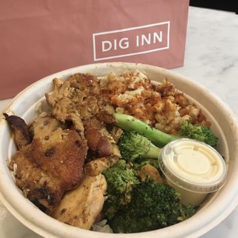 Dig Inn - Charred chicken, brown rice, broccoli and Mac n cheese :) garlic aioli on the side - New American Near Me - New York, New York Dig Inn - Charred chicken, brown rice, broccoli and Mac n cheese :) garlic aioli on the side - New American Near Me - New York, New York
