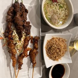 Shrimp, beef, fried rice, and soup with homemade meat balls and rice noodles... soo good!!! Shrimp, beef, fried rice, and soup with homemade meat balls and rice noodles... soo good!!!