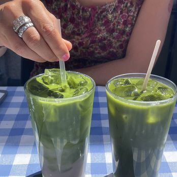 Work in Progress - vanilla strawberry matcha (L), strawberry lime matchacano (R) - Wine Bars Near Me - Costa Mesa, California