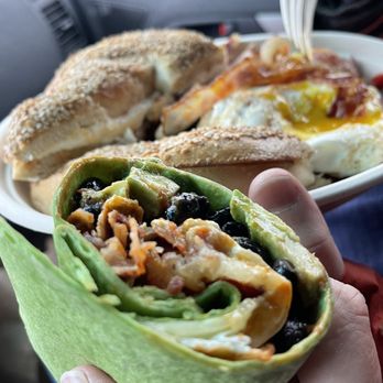 Drift Cafe - Baked, egg and cheese with black beans and avocado on a spinach wrap; hash bowl with sesame bagel - Coffee & Tea Near Me - Newport, Rhode Island