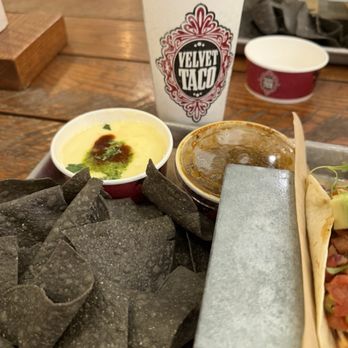 Velvet Taco - Blue corn chips and queso - New American Near Me - Norman, Oklahoma