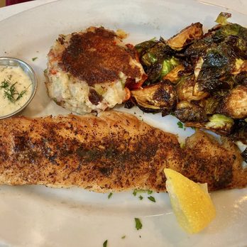 Lure Fish House - Blackened cod, Maple Miso Brussels Sprouts, Parmesan Potato Cake - Seafood Near Me - Porter Ranch, California Lure Fish House - Blackened cod, Maple Miso Brussels Sprouts, Parmesan Potato Cake - Seafood Near Me - Porter Ranch, California