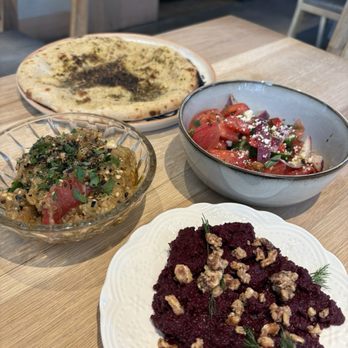 Ladino - Pita, zaalouk, beet muhammara, tomato salad - Mediterranean Near Me - San Antonio, Texas