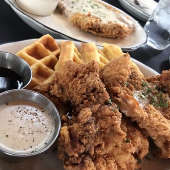 Moonshine Grill - Corn meal waffles and fried chicken. The waffles were delicious! - Southern Near Me - Austin, Texas