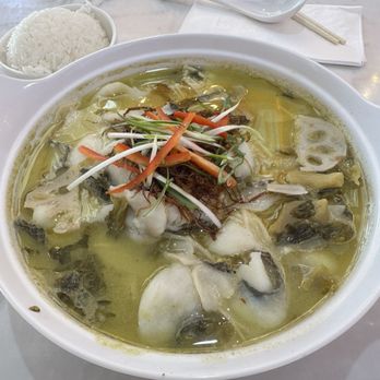 Wei's Fish - Scallion sauerkraut fish soup size small with enoki mushrooms and lotus root slices side dishes - Szechuan Near Me - Cupertino, California Wei's Fish - Scallion sauerkraut fish soup size small with enoki mushrooms and lotus root slices side dishes - Szechuan Near Me - Cupertino, California