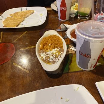 Cantina Azteca - My $5.00 up charge rice and beans...notice the watered down margarita pint - Mexican Near Me - Carmichael, California
