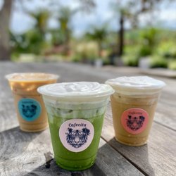 Cafecita - Iced pumpkin spice latte, matcha with vanilla cold foam, and vanilla latte