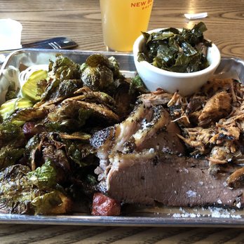 2 Jerks BBQ - Pulled Pork & Brisket combo with brussel sprouts and collard greens ..Oh boy.. - Barbeque Near Me - Raynham, Massachusetts