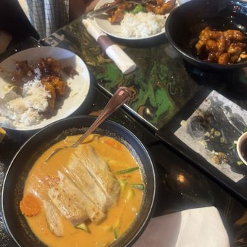Thai Smile - Red curry and orange chicken (shared healthily by two kids and two adults) - Asian Fusion Near Me - Macon, Georgia Thai Smile - Red curry and orange chicken (shared healthily by two kids and two adults) - Asian Fusion Near Me - Macon, Georgia