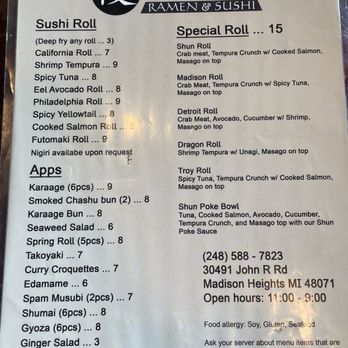 Shun Ramen & Sushi - Menu; Follow me @RimyEats on Instagram - Ramen Near Me - Madison Heights, Michigan Shun Ramen & Sushi - Menu; Follow me @RimyEats on Instagram - Ramen Near Me - Madison Heights, Michigan
