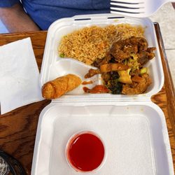 China Star Express & Grill - Fried rice with beef and broccoli and an egg roll.