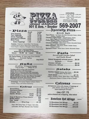 Menu photo 1 Pizza Express Snyder, OK Menu photo 1 Pizza Express Snyder, OK