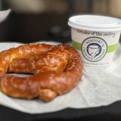Newport Chowder - Clam chowder and a pretzel