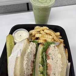 Chicken salad sandwich and a matcha latte