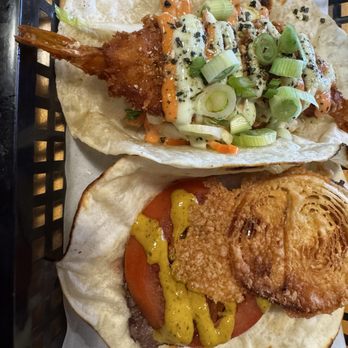 Burgers vs Tacos - Karate Shrimp Taco (left) Capoeira Steak Taco (right) - Burgers Near Me - San Antonio, Texas