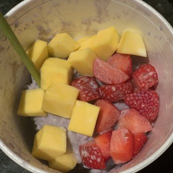 Kravin' Fruit Bar - Taro Snow Ice with sliced mangos, strawberries and green tea poke sticks to go - Juice Bars & Smoothies Near Me - Houston, Texas Kravin' Fruit Bar - Taro Snow Ice with sliced mangos, strawberries and green tea poke sticks to go - Juice Bars & Smoothies Near Me - Houston, Texas