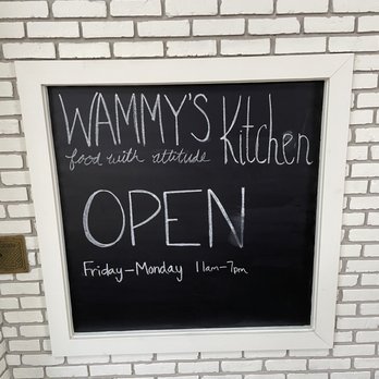 Wammy’s Kitchen - a sign for the open - A black chalkboard with a white frame shows the name 'Wammy's Kitchen' and its hours, open Friday to Monday from 11 am to 7 pm. - Burgers Near Me - Rockford, Illinois