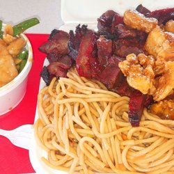 Tasty Goody Chinese Fast Food - String bean chicken, pork, and orange chicken with noodles