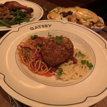 GATSBY - Spaghetti + Meatball (front), Murray's Roasted 1/2 Chicken & Brisket Poutine (background) - Cocktail Bars Near Me - Washington, DC, District of Columbia