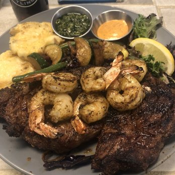 Blue Wing Frog - Ribeye with grilled shrimp - New American Near Me - Strasburg, Virginia Blue Wing Frog - Ribeye with grilled shrimp - New American Near Me - Strasburg, Virginia