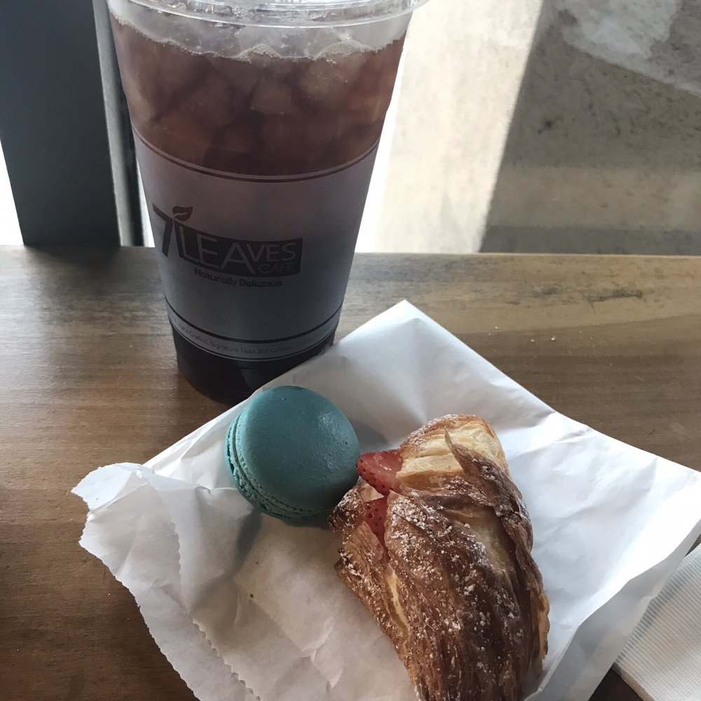 7 Leaves Cafe - Artisan Black Coffee, strawberry custard puff pastry, and a salted caramel French macaron - Coffee & Tea Near Me - Cypress, California