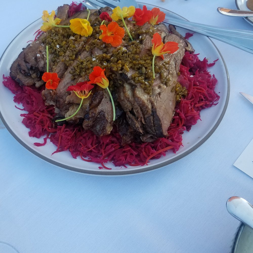 North Arm Farm - brined & smoked Pemberton Meadows natural Beef brisket apricot-bourbon glaze, red cabbage & pineapple kraut - Farmers Market Near Me - Pemberton, British Columbia