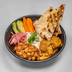 Curry Me Out - Tempting Super Bowl comes with rice,chickpeas,salad,3 pieces naan bread and choice of protein..