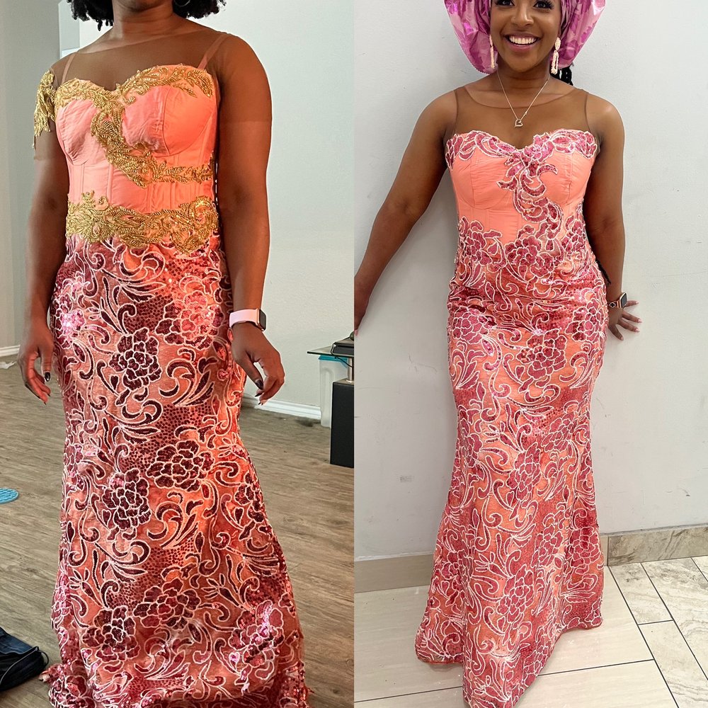 Left picture: how I received the dress. Right picture: is what the final product look like after Pearl redid the top of the dress. Left picture: how I received the dress. Right picture: is what the final product look like after Pearl redid the top of the dress.