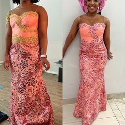 Left picture: how I received the dress. Right picture: is what the final product look like after Pearl redid the top of the dress. Left picture: how I received the dress. Right picture: is what the final product look like after Pearl redid the top of the dress.