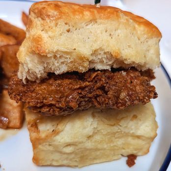 Sawyer & Co - Close up of the Fried Chicken Biscuit - Diners Near Me - Austin, Texas Sawyer & Co - Close up of the Fried Chicken Biscuit - Diners Near Me - Austin, Texas