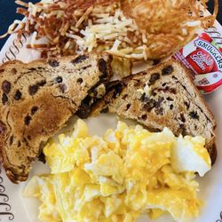 Waffle House - Cheese & Eggs With hash browns and raisin toast....