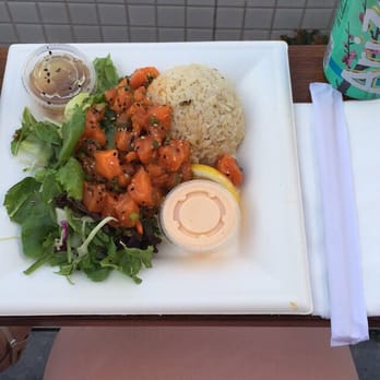 Bear Flag Fish - salmon poke with brown rice and salad. avocado failed to make it to the plate - Seafood Near Me - Newport Beach, California Bear Flag Fish - salmon poke with brown rice and salad. avocado failed to make it to the plate - Seafood Near Me - Newport Beach, California