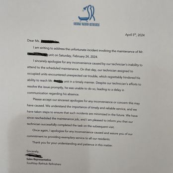 Southbay Bathtub Refinishers - 4-5-24 letter from LA - Refinishing Services Near Me - Chula Vista, California