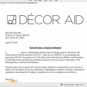 Decor Aid - Gag order to try to silence bad reviews. - Interior Design Near Me - New York, New York
