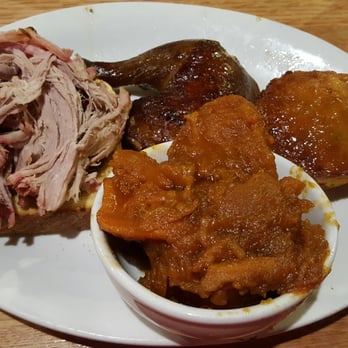 Redsmoke Barbeque - 2 meat plate with pulled pork, chicken, and candied sweet potato - Bars Near Me - Detroit, Michigan Redsmoke Barbeque - 2 meat plate with pulled pork, chicken, and candied sweet potato - Bars Near Me - Detroit, Michigan