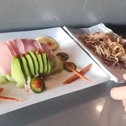 Yellowtail salad with side of crispy onions.. Yummnmnn Yellowtail salad with side of crispy onions.. Yummnmnn