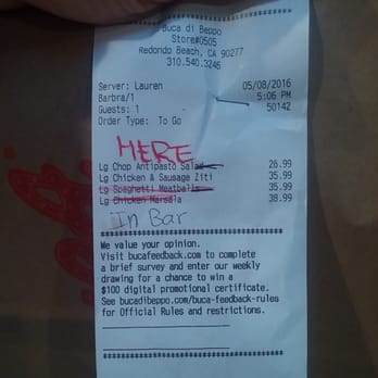 Buca di Beppo Italian Restaurant - Our bill - Italian Near Me - Redondo Beach, California Buca di Beppo Italian Restaurant - Our bill - Italian Near Me - Redondo Beach, California