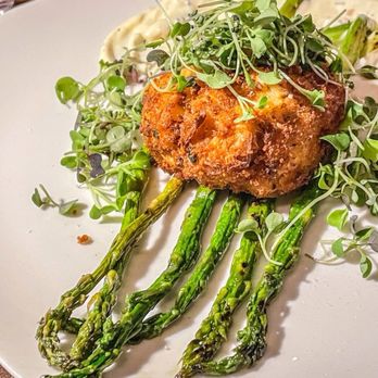 F1RST Restaurant - crispy jumbo lump crab cake with grilled asparagus, baby greens, tarragon "bernaise" tartar sauce - Desserts Near Me - Hawthorne, New Jersey
